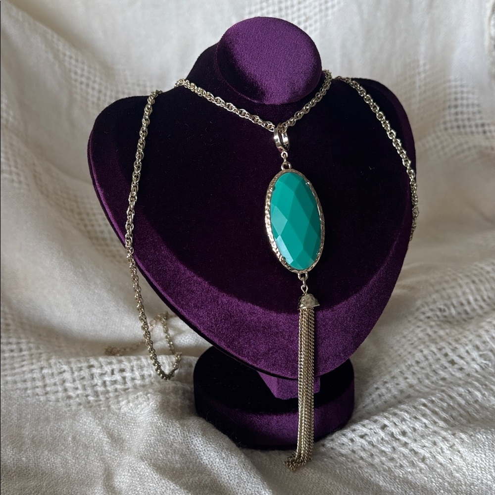 Premier Designs "CECE" Double-Sided Teal Blue Pendant Necklace NWT Gold Tone - Picture 2 of 12